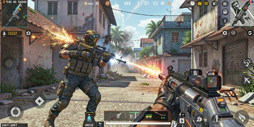 Gameplay intens dalam 66K dengan aksi tembak-menembak nyata.