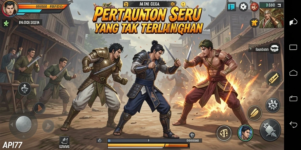 Tangkapan layar utama dari API77 menampilkan aksi pertarungan yang mendebarkan.