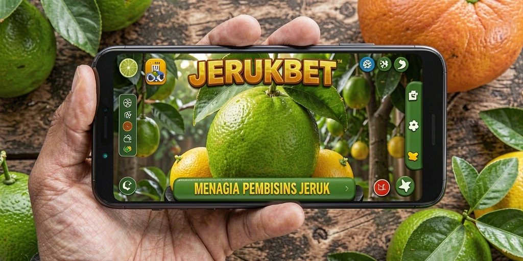 Screenshot utama JERUKBET menunjukkan pemain mengelola kebun jeruk dengan penuh warna.