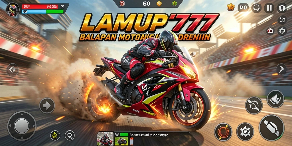 Tampilan gameplay LAMPU777 saat balapan motor di trek yang menantang.
