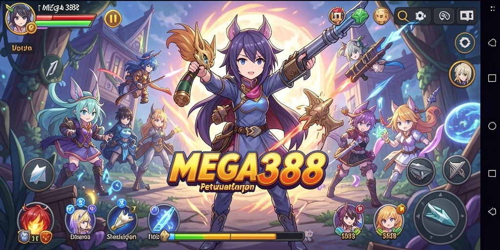 Gameplay MEGA388 dengan karakter Anime yang beraksi seru.
