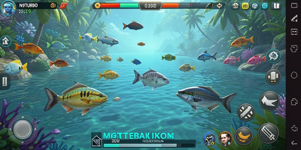 Screenshot menampilkan aksi seru dalam N9TURBO saat menangkap ikan.