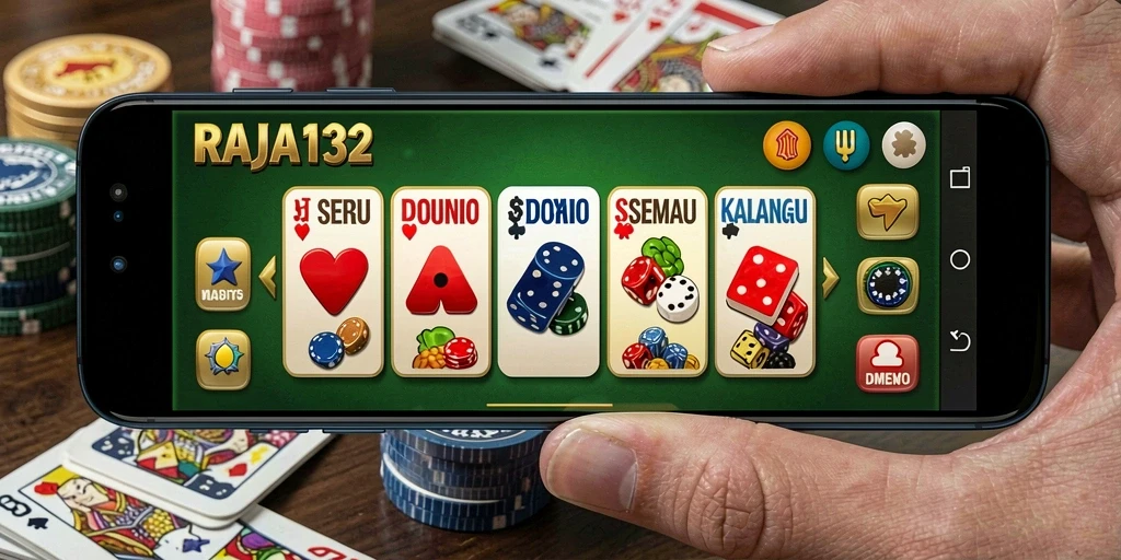 Tampilan utama gameplay domino RAJA132 yang menarik dan interaktif.