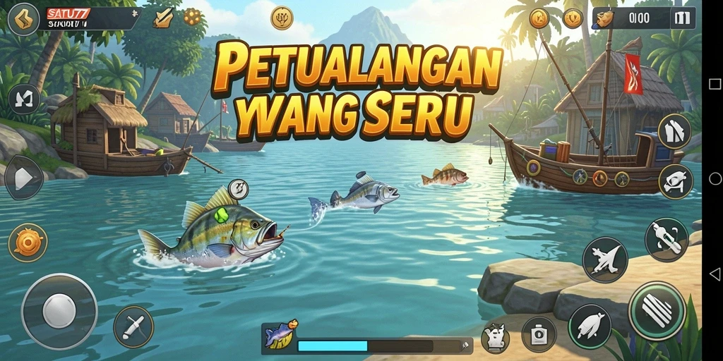 Screenshot gameplay yang menunjukkan aksi memancing dalam SATU77.